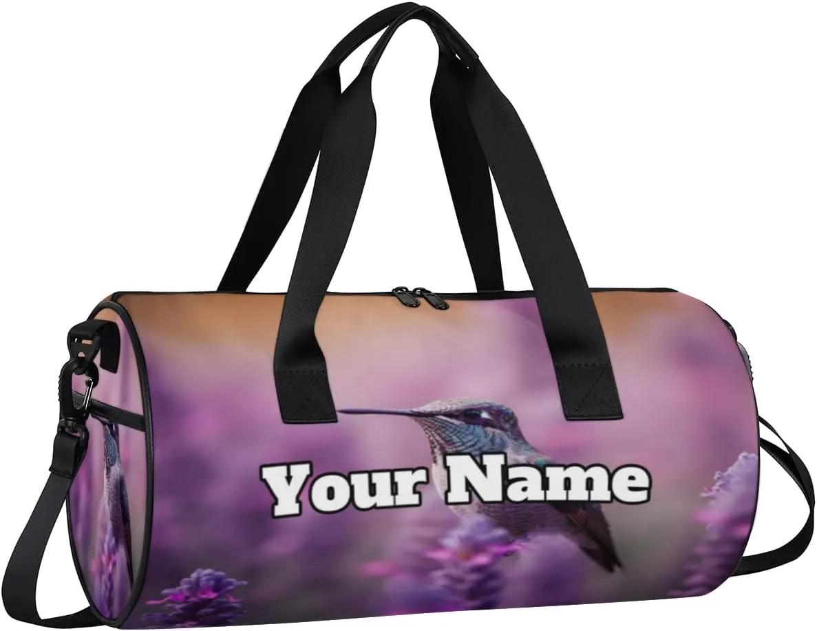 Custom Gym Bag for Women Men with Name, Personalized Hummingbird Duffel Bag for Sports, Waterproof Dance Bag, Lightweight Carryon Gym Bag, Lavender