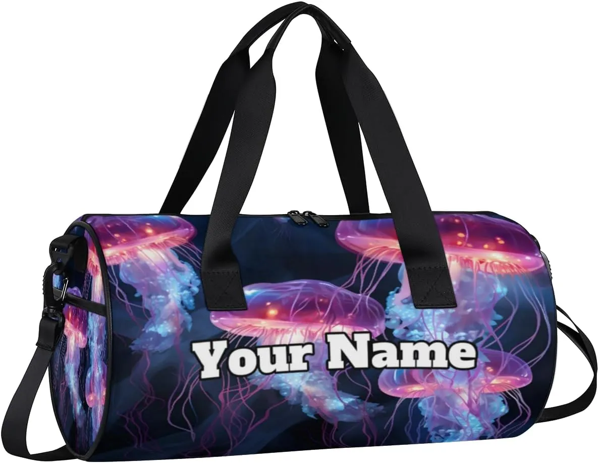 Custom Gym Bag for Women Men with Name, Personalized Jellyfish Duffel Bag for Sports, Waterproof Dance Bag, Lightweight Carryon Gym Bag, Sea Animals