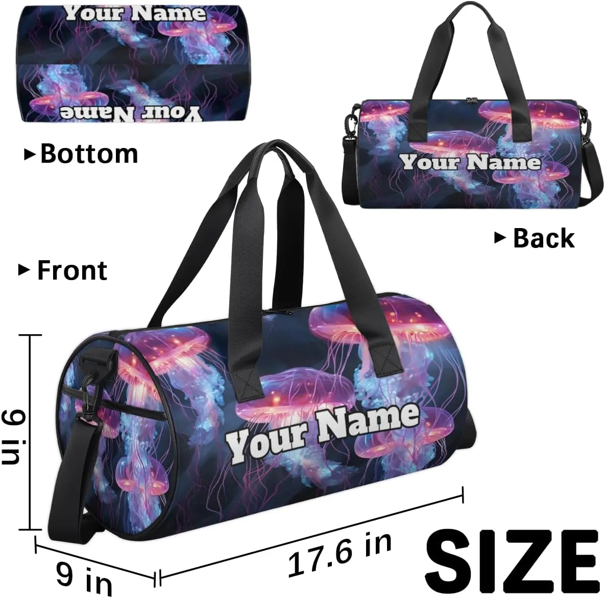 Custom Gym Bag for Women Men with Name, Personalized Jellyfish Duffel Bag for Sports, Waterproof Dance Bag, Lightweight Carryon Gym Bag, Sea Animals