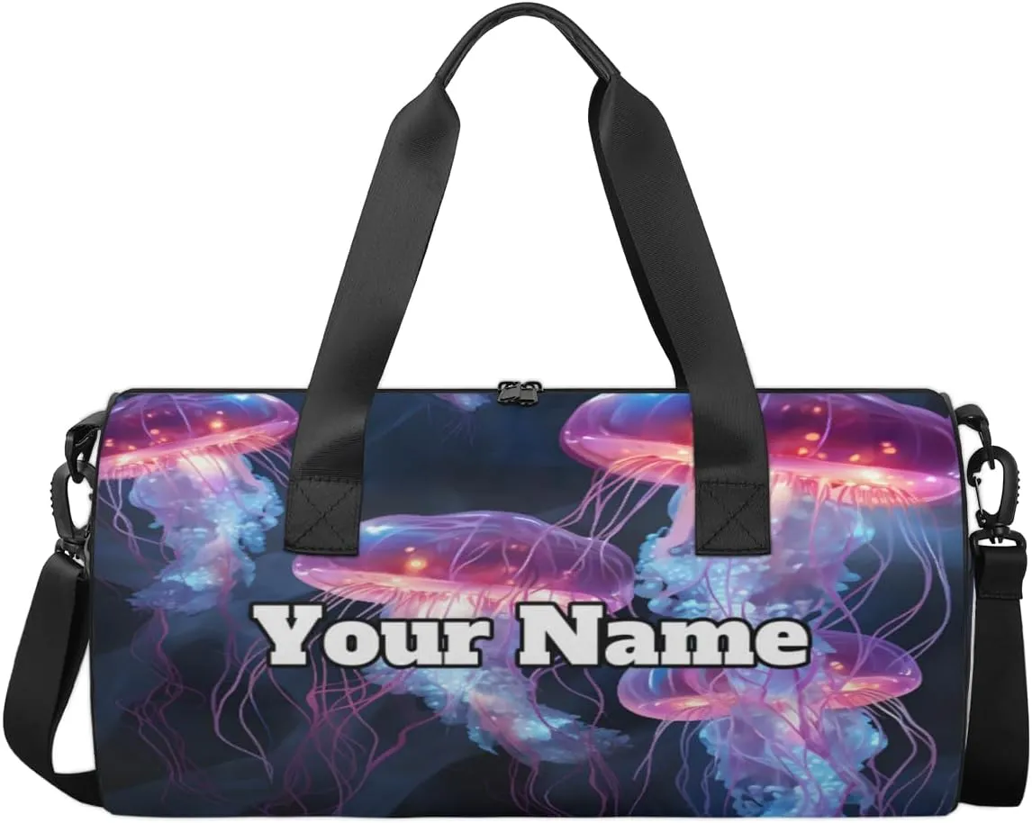 Custom Gym Bag for Women Men with Name, Personalized Jellyfish Duffel Bag for Sports, Waterproof Dance Bag, Lightweight Carryon Gym Bag, Sea Animals