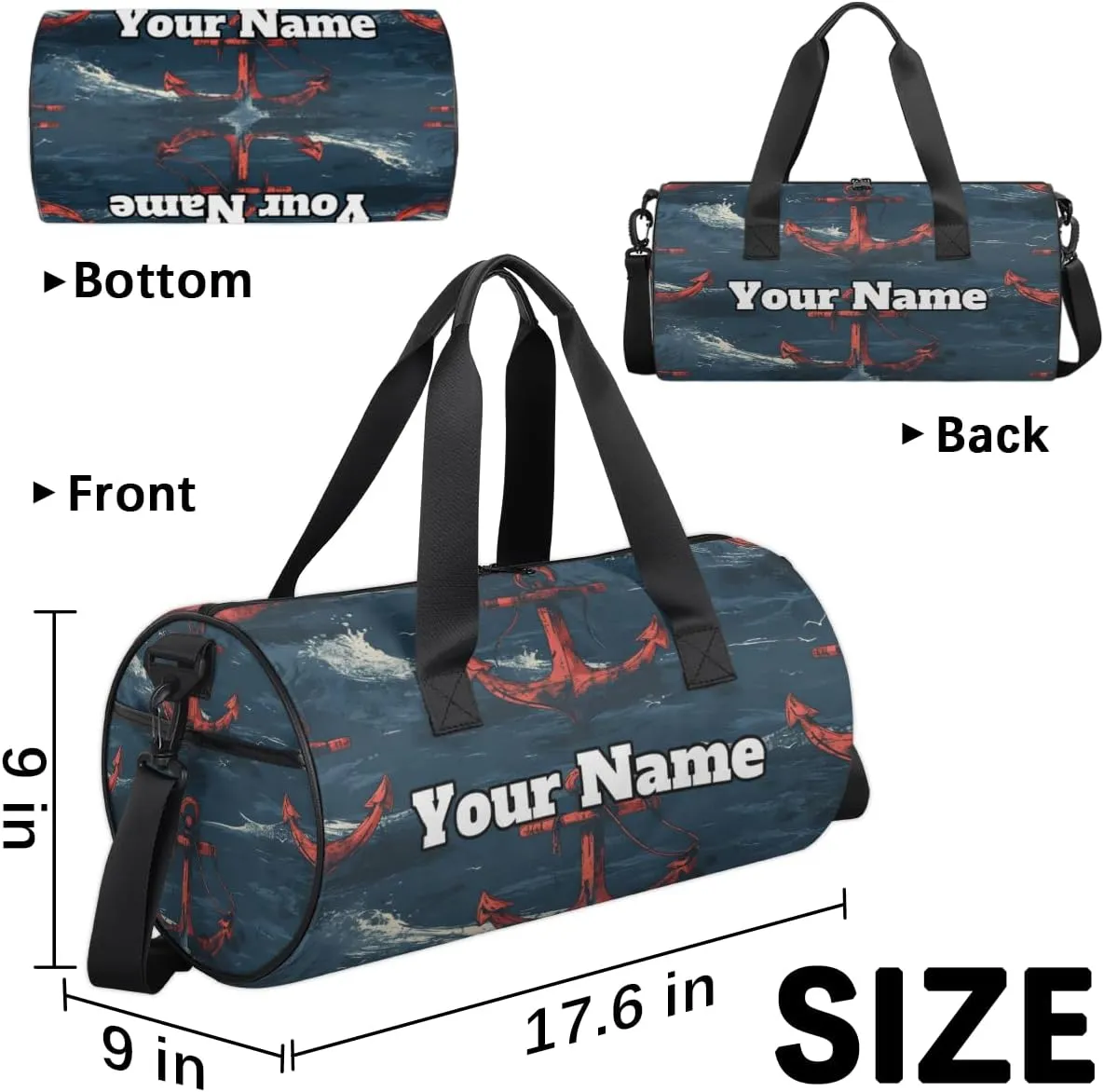 Custom Gym Bag for Women Men with Name, Personalized Nautical Anchor Duffel Bag for Sports, Waterproof Dance Bag, Lightweight Carryon Gym Bag, Nautical