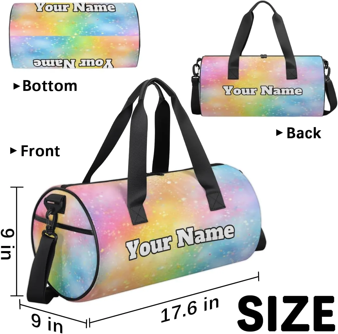 Custom Gym Bag for Women Men with Name, Personalized Rainbow Duffel Bag for Sports, Waterproof Dance Bag, Lightweight Carryon Gym Bag, Rainbow Themed