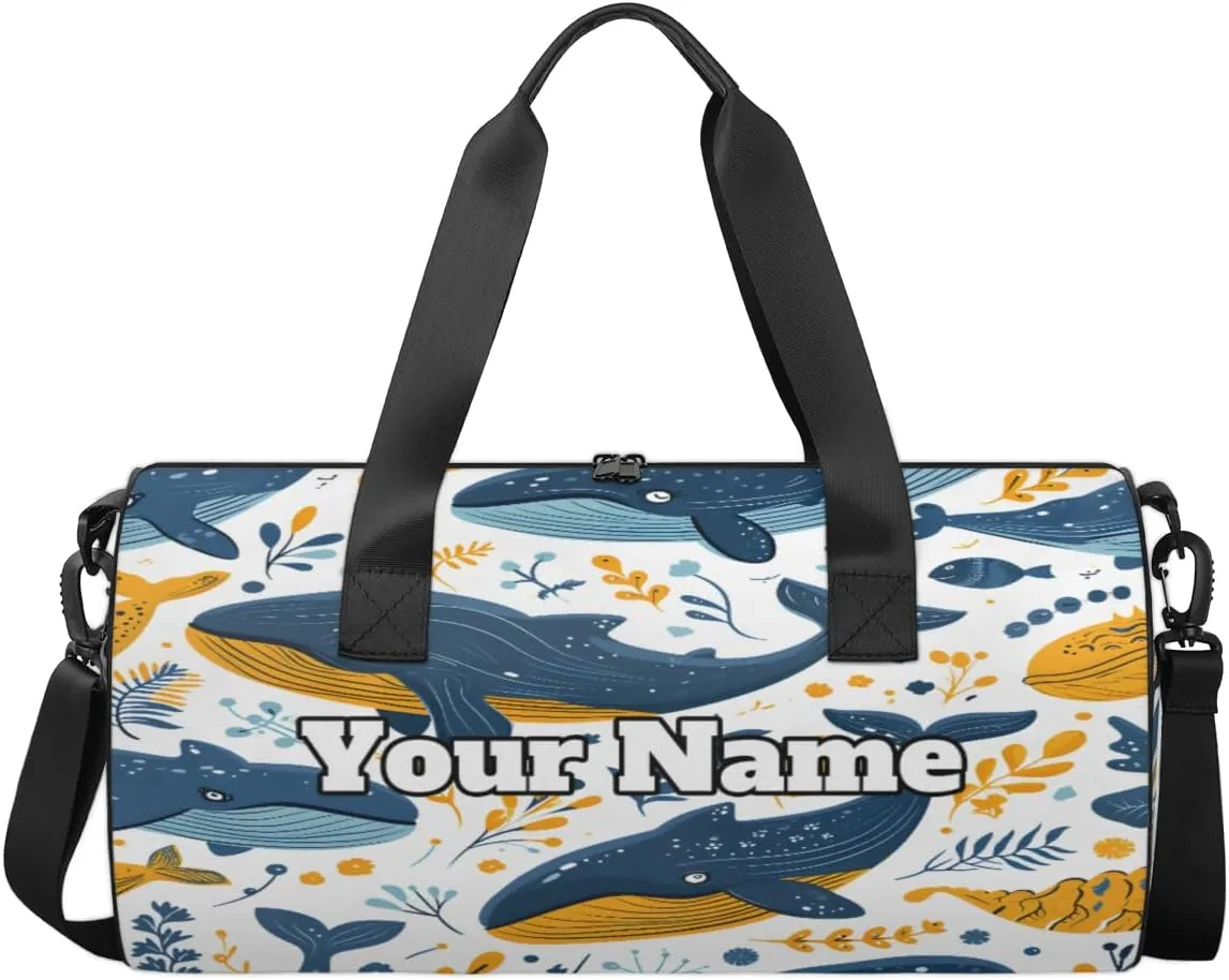 Custom Gym Bag for Women Men with Name, Personalized Sea Animals Whale Duffel Bag for Sports, Waterproof Dance Bag, Lightweight Carryon Gym Bag, Whale
