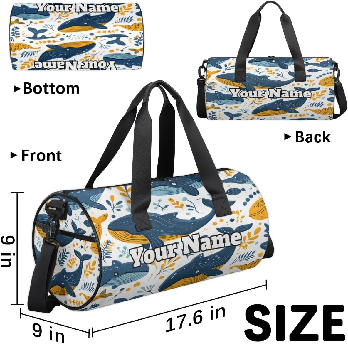 Custom Gym Bag for Women Men with Name, Personalized Sea Animals Whale Duffel Bag for Sports, Waterproof Dance Bag, Lightweight Carryon Gym Bag, Whale
