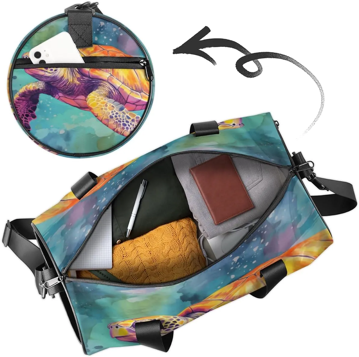 Custom Gym Bag for Women Men with Name, Personalized Sportsman Turtle Duffel Bag for Sports, Waterproof Dance Bag, Lightweight Carryon Gym Bag, Turtle