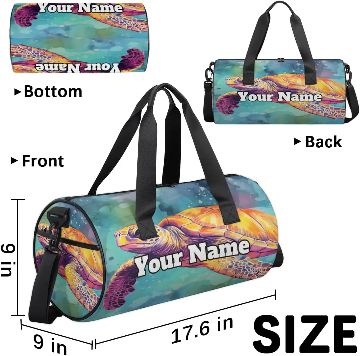 Custom Gym Bag for Women Men with Name, Personalized Sportsman Turtle Duffel Bag for Sports, Waterproof Dance Bag, Lightweight Carryon Gym Bag, Turtle