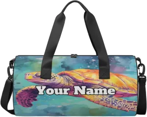 Custom Gym Bag for Women Men with Name, Personalized Sportsman Turtle Duffel Bag for Sports, Waterproof Dance Bag, Lightweight Carryon Gym Bag, Turtle