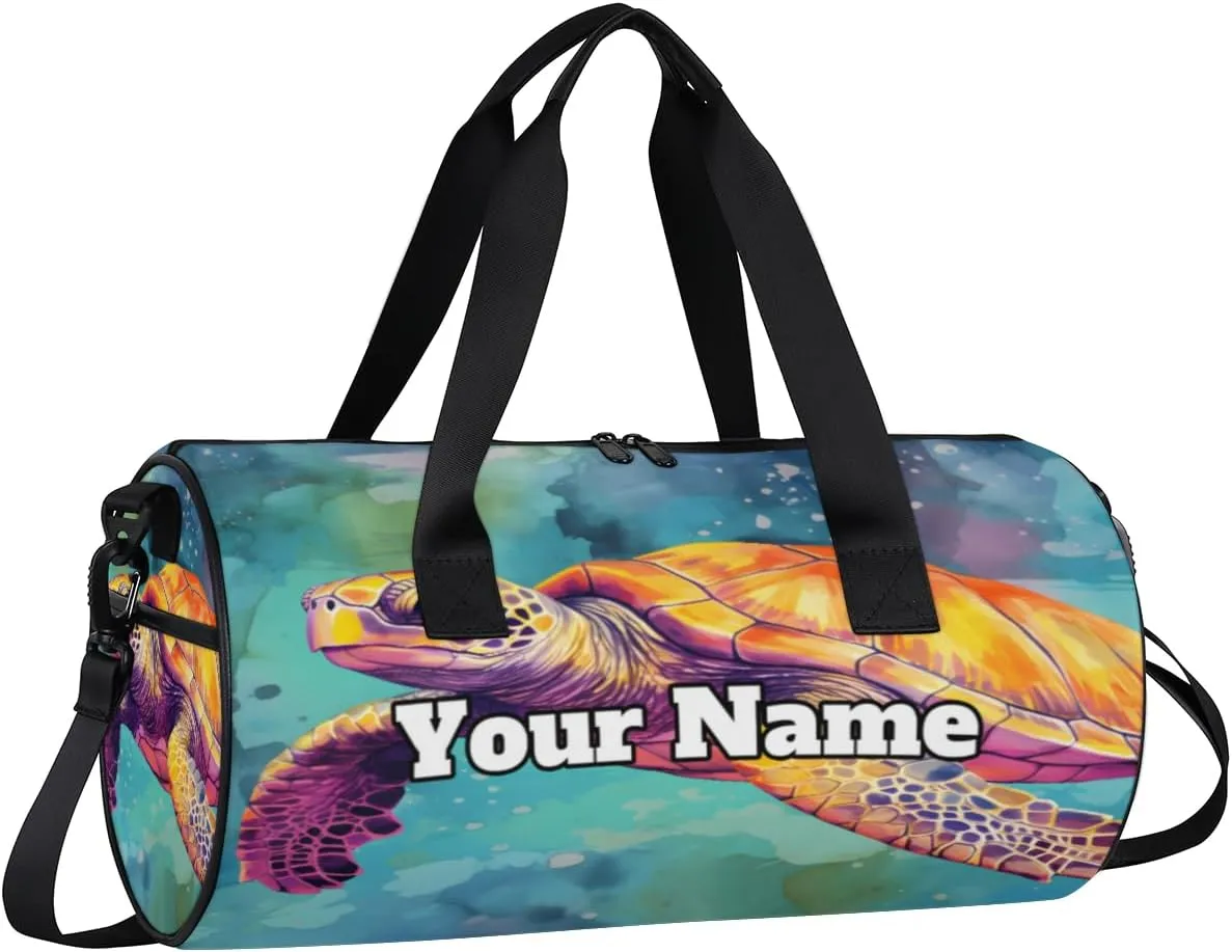 Custom Gym Bag for Women Men with Name, Personalized Sportsman Turtle Duffel Bag for Sports, Waterproof Dance Bag, Lightweight Carryon Gym Bag, Turtle