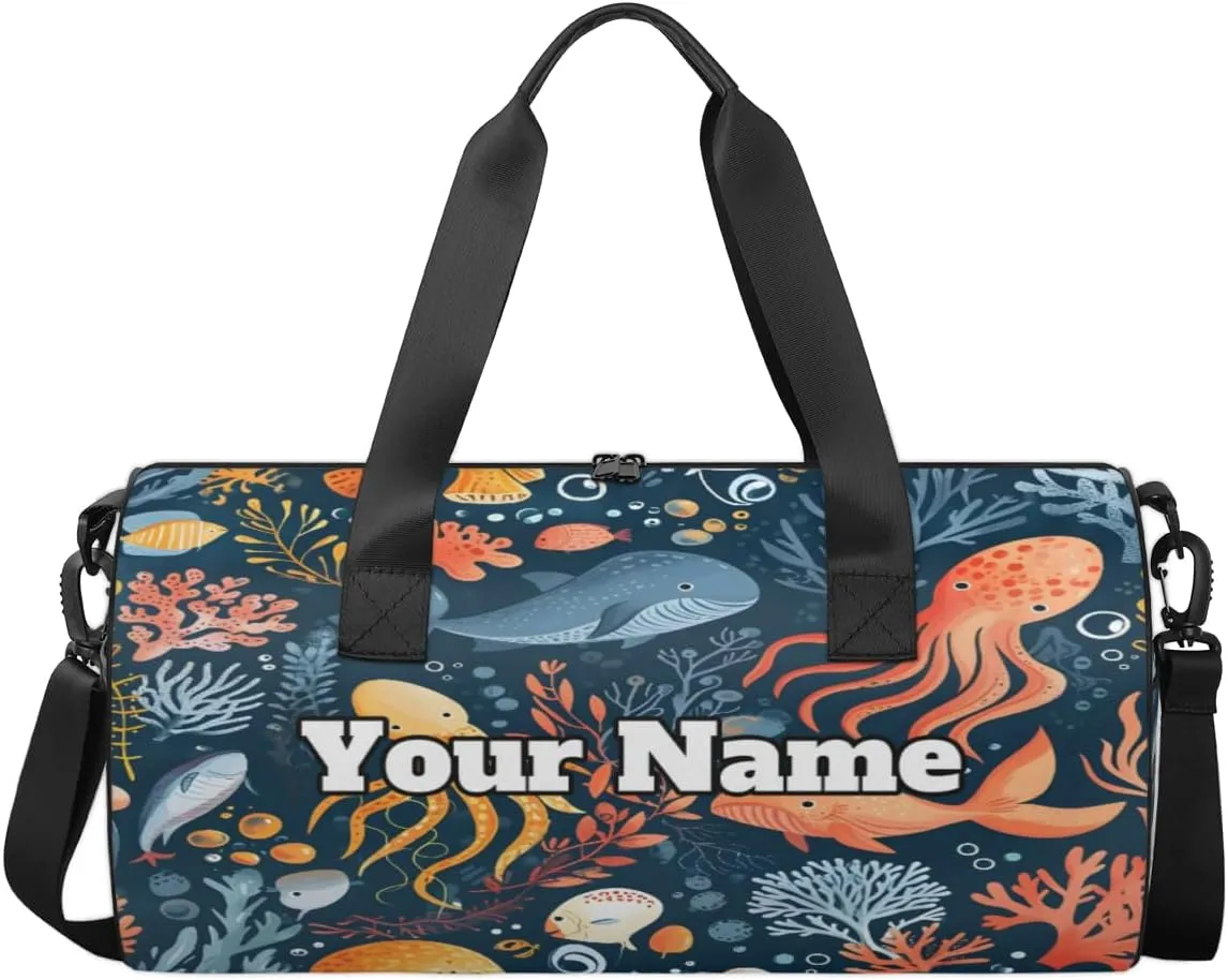 Custom Gym Bag for Women Men with Name, Personalized Whale Octopuses Duffel Bag for Sports, Waterproof Dance Bag, Lightweight Carryon Gym Bag, Animals