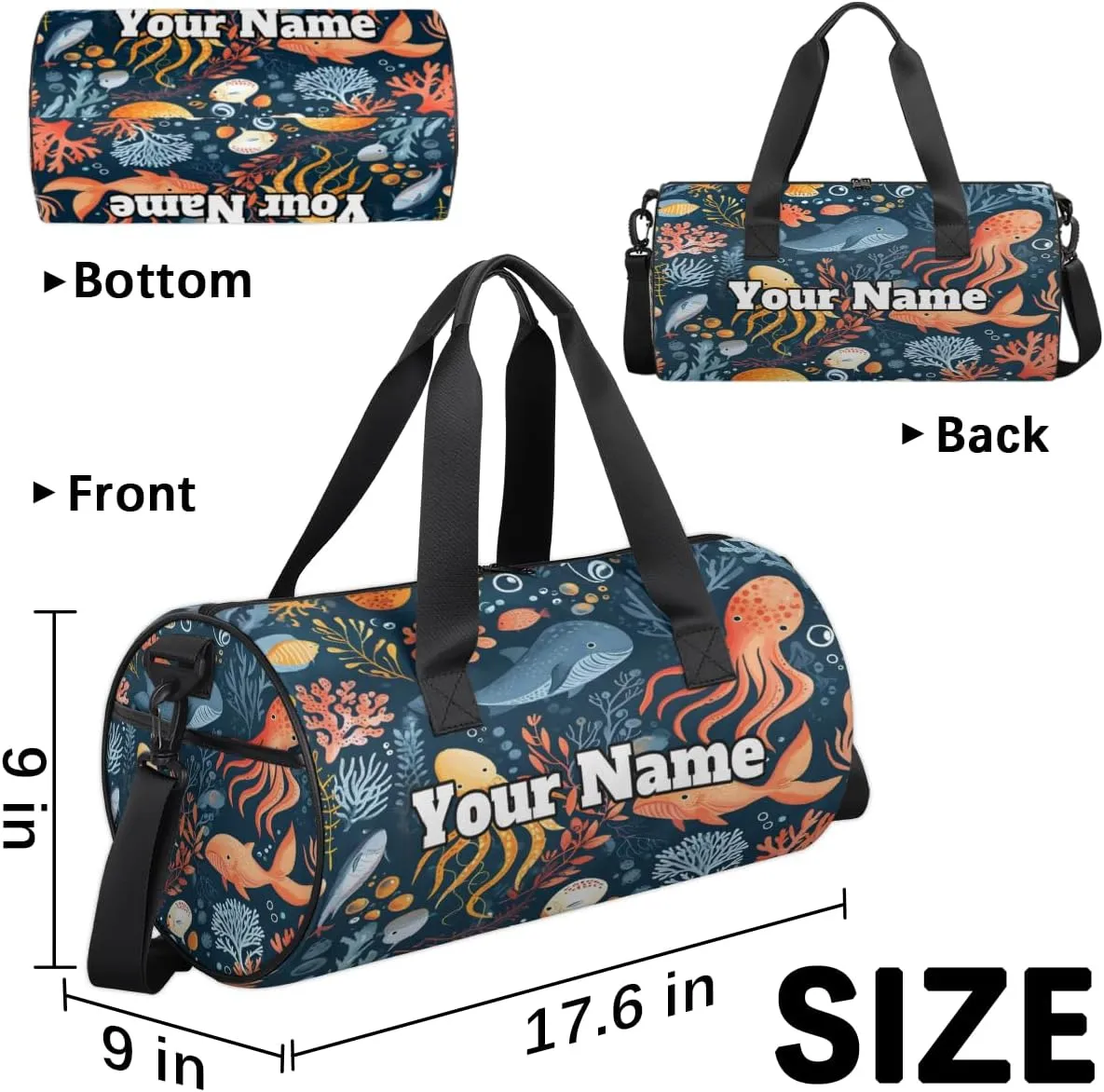 Custom Gym Bag for Women Men with Name, Personalized Whale Octopuses Duffel Bag for Sports, Waterproof Dance Bag, Lightweight Carryon Gym Bag, Animals