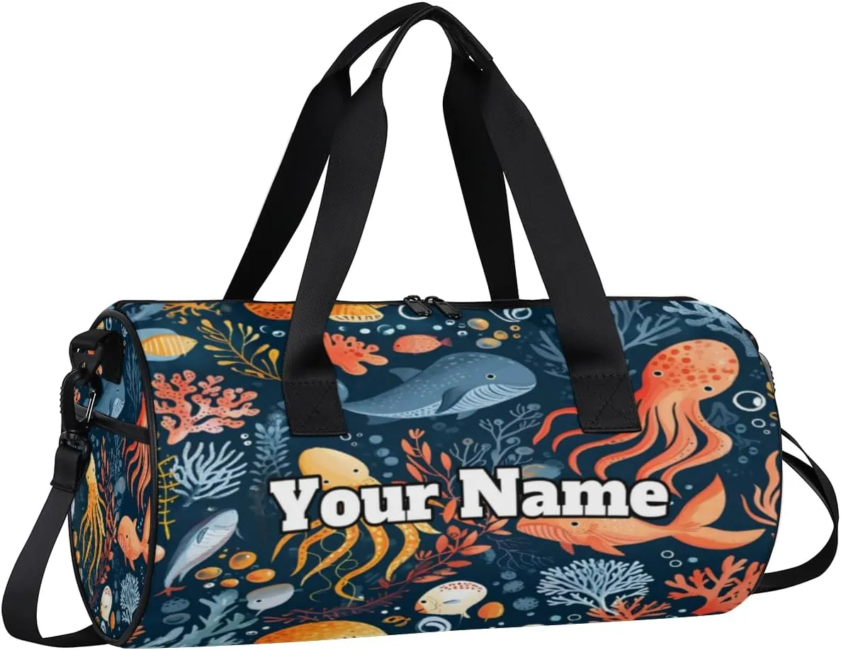 Custom Gym Bag for Women Men with Name, Personalized Whale Octopuses Duffel Bag for Sports, Waterproof Dance Bag, Lightweight Carryon Gym Bag, Animals