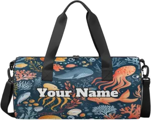 Custom Gym Bag for Women Men with Name, Personalized Whale Octopuses Duffel Bag for Sports, Waterproof Dance Bag, Lightweight Carryon Gym Bag, Animals