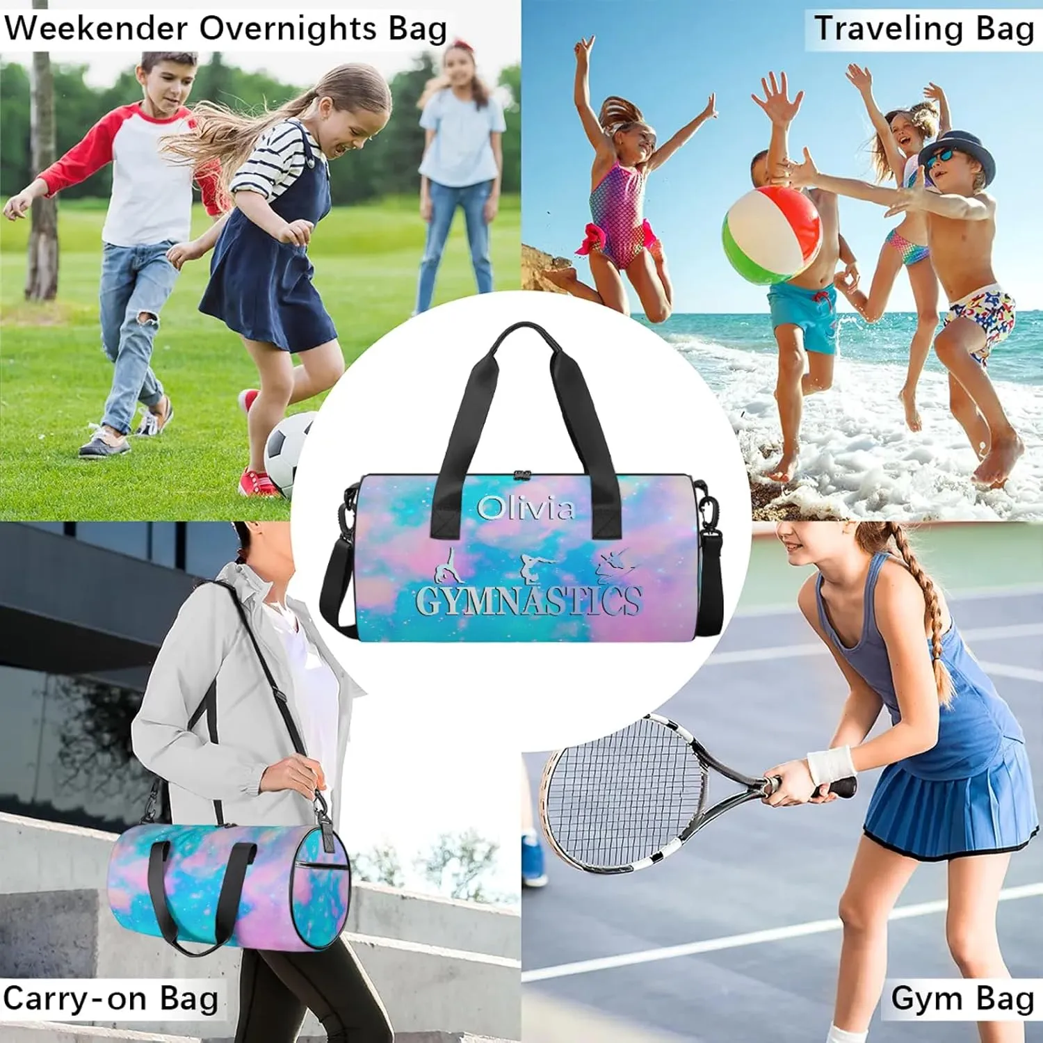 Custom Gymnastics Duffel Bag Round Personalized Name Dance Ballet Bags Waterproof