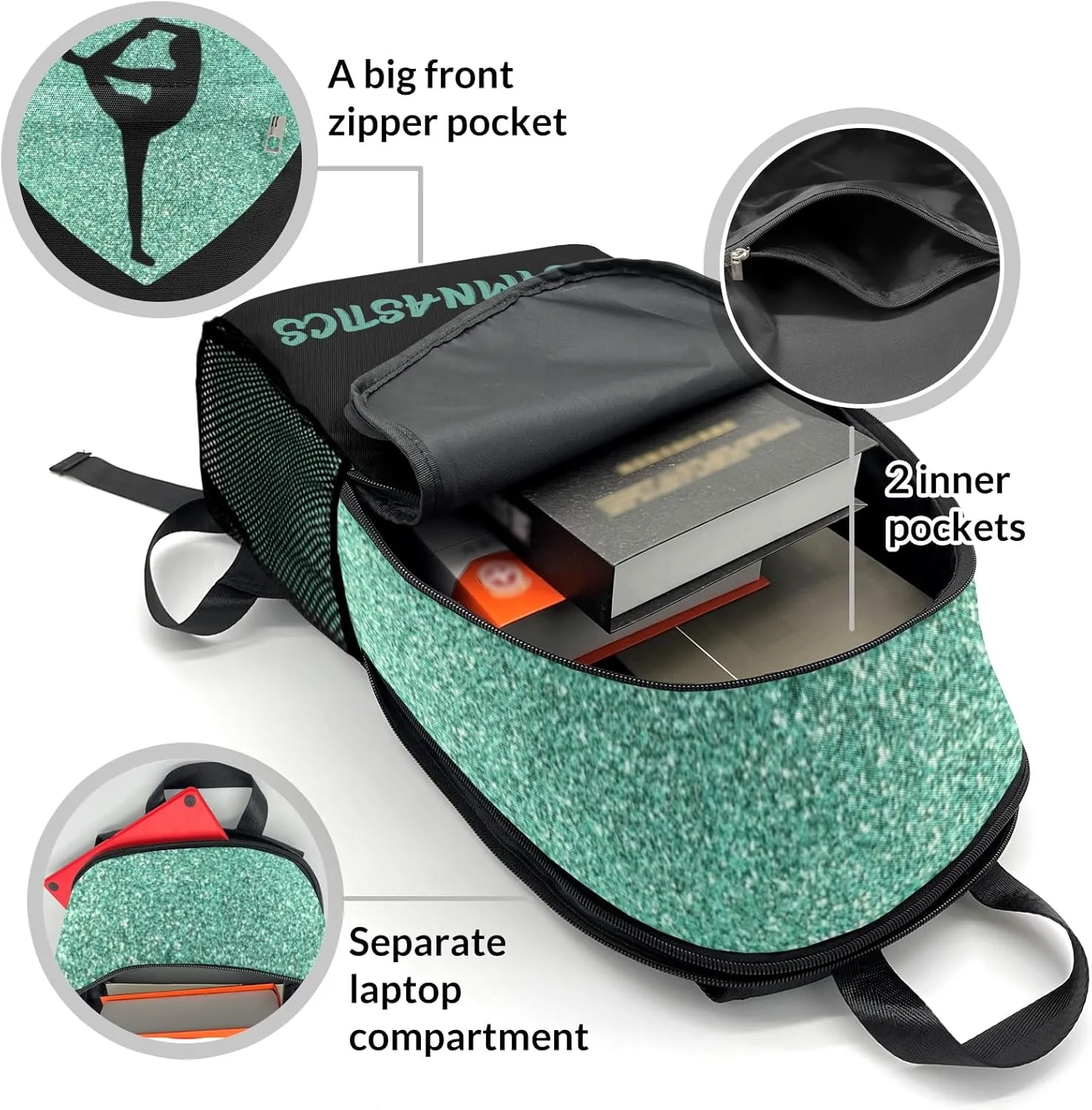 Custom Gymnastics Green Bling Print School Backpack Multipurpose Casual Bag Personalized with Name Waterproof Sport Daypack Travel Man Woman Bags
