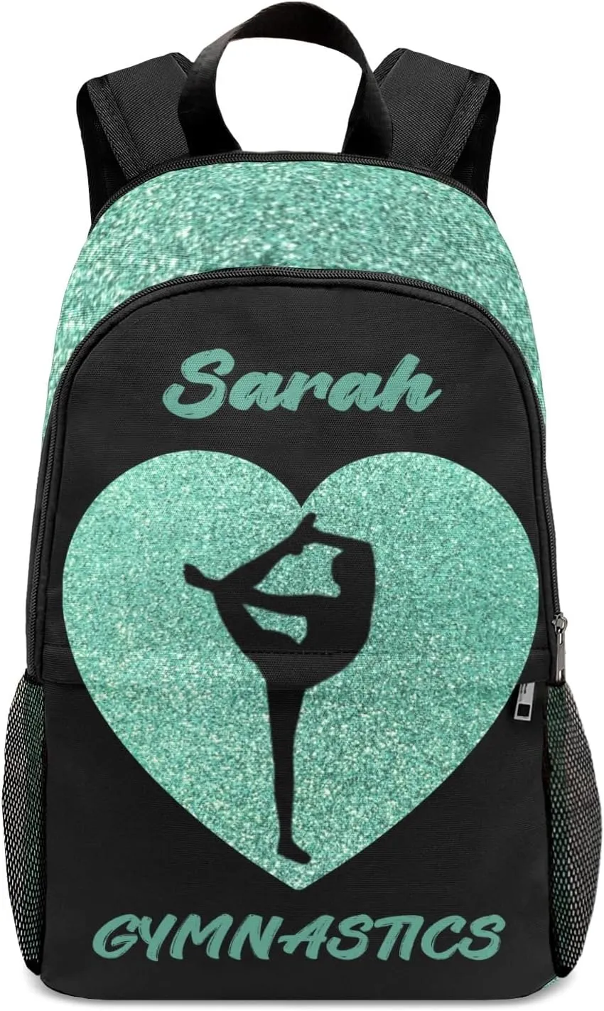 Custom Gymnastics Green Bling Print School Backpack Multipurpose Casual Bag Personalized with Name Waterproof Sport Daypack Travel Man Woman Bags