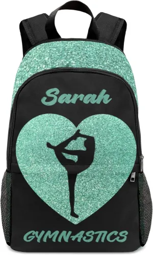 Custom Gymnastics Green Bling Print School Backpack Multipurpose Casual Bag Personalized with Name Waterproof Sport Daypack Travel Man Woman Bags