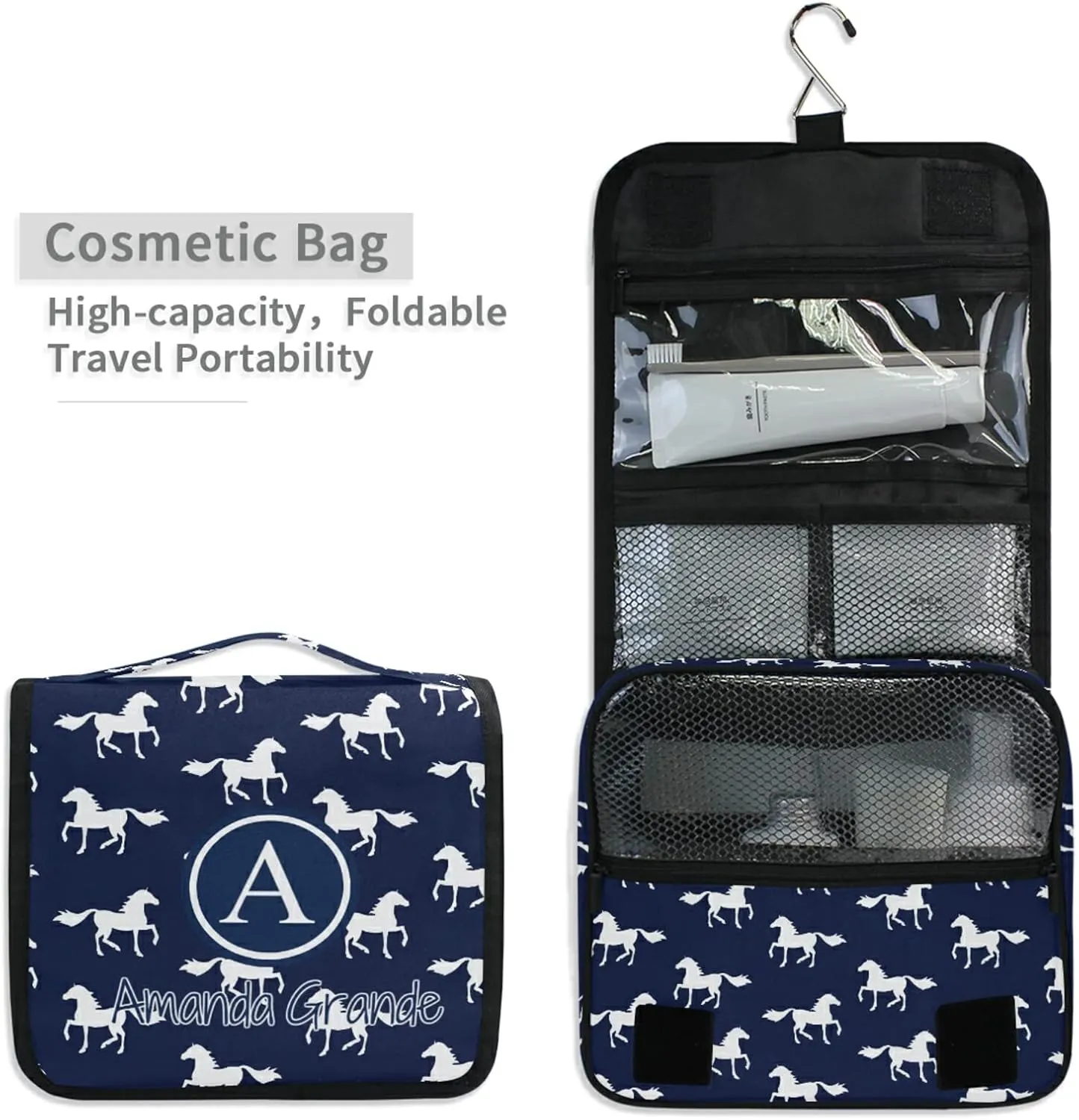 Custom Navy Horse Travel Hanging Toiletry Bag Personalized Makeup Large Customized Cosmetic Bag Travel Makeup Case Waterproof for Travel Accessories Bathroom Shower