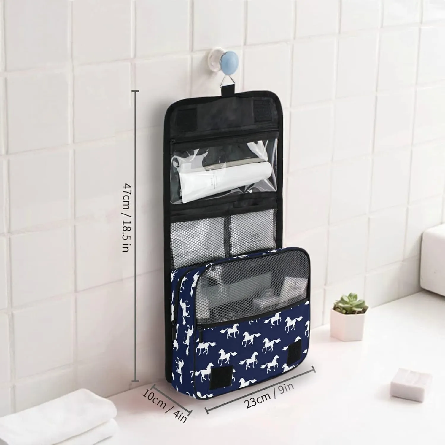 Custom Navy Horse Travel Hanging Toiletry Bag Personalized Makeup Large Customized Cosmetic Bag Travel Makeup Case Waterproof for Travel Accessories Bathroom Shower