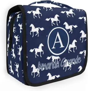 Custom Navy Horse Travel Hanging Toiletry Bag Personalized Makeup Large Customized Cosmetic Bag Travel Makeup Case Waterproof for Travel Accessories Bathroom Shower