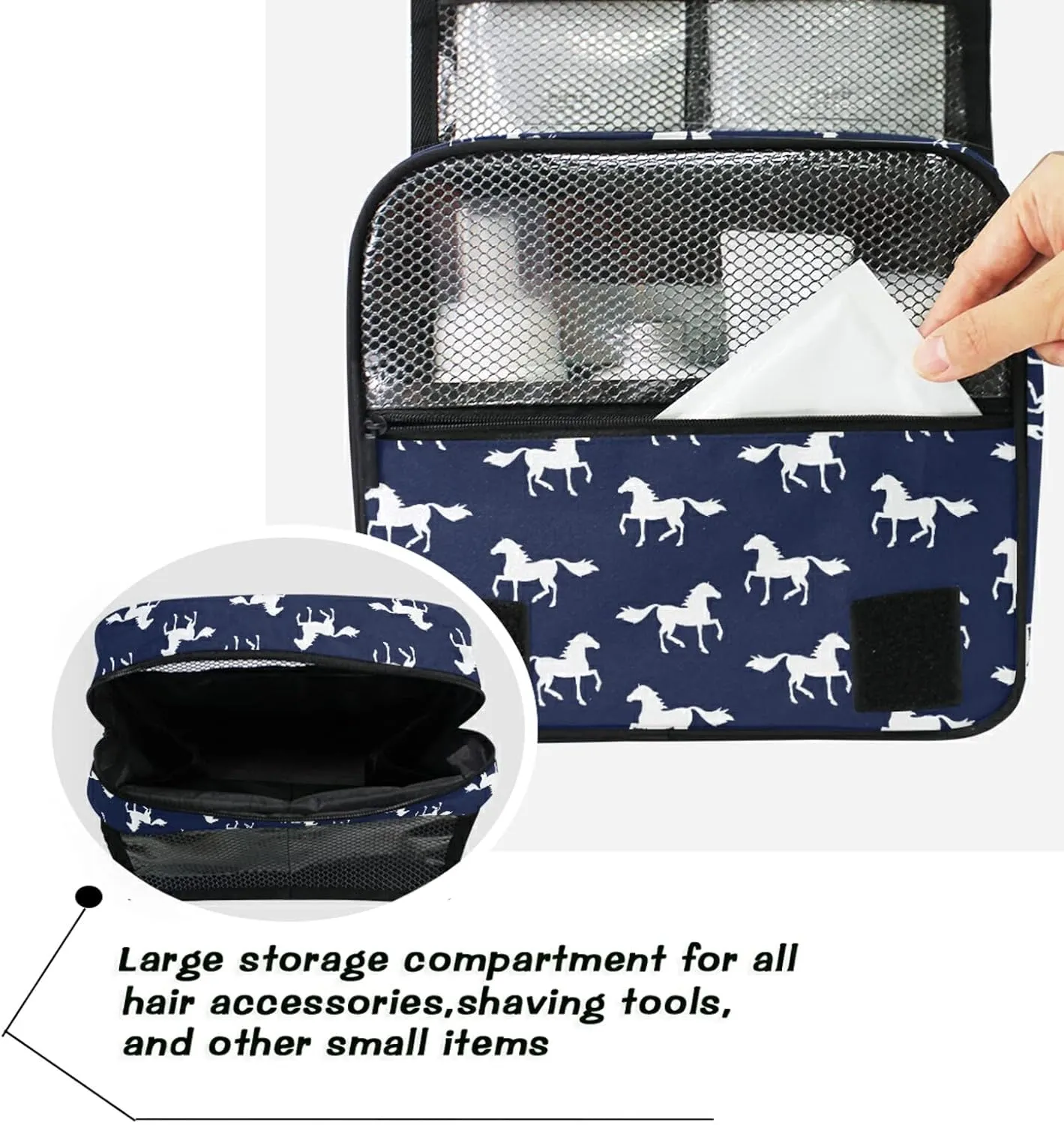 Custom Navy Horse Travel Hanging Toiletry Bag Personalized Makeup Large Customized Cosmetic Bag Travel Makeup Case Waterproof for Travel Accessories Bathroom Shower