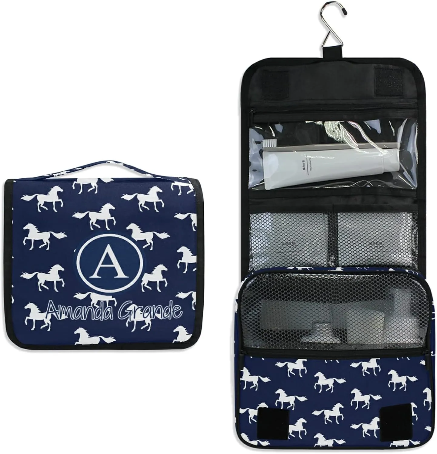 Custom Navy Horse Travel Hanging Toiletry Bag Personalized Makeup Large Customized Cosmetic Bag Travel Makeup Case Waterproof for Travel Accessories Bathroom Shower
