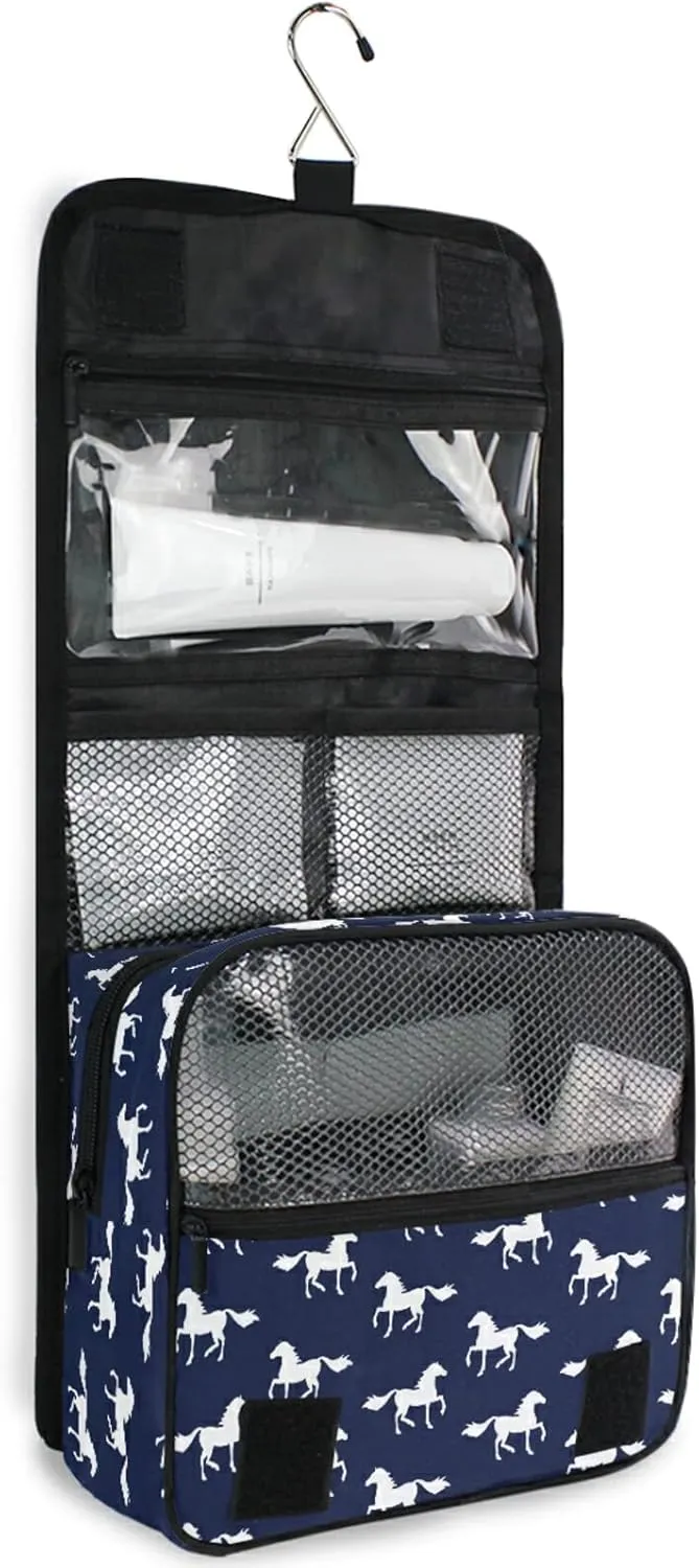 Custom Navy Horse Travel Hanging Toiletry Bag Personalized Makeup Large Customized Cosmetic Bag Travel Makeup Case Waterproof for Travel Accessories Bathroom Shower