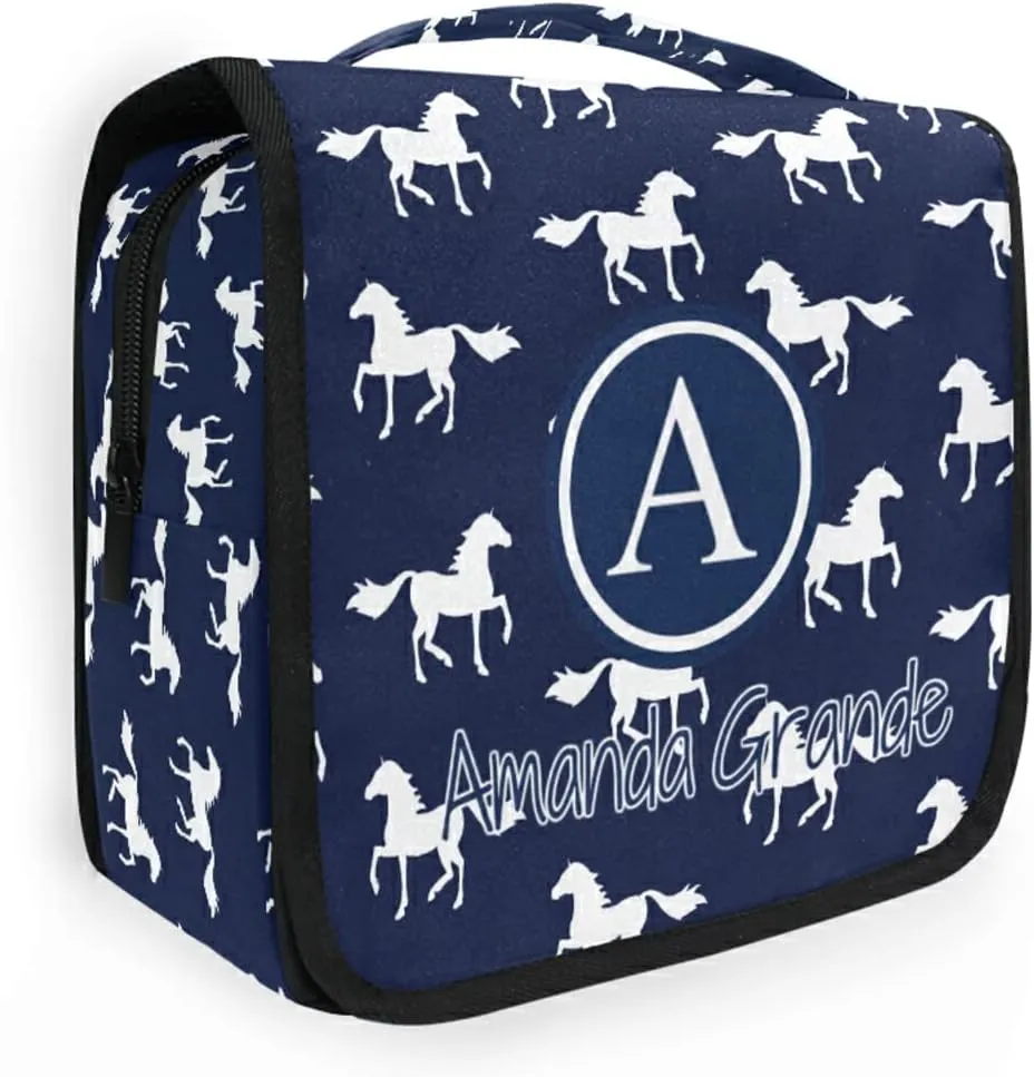 Custom Navy Horse Travel Hanging Toiletry Bag Personalized Makeup Large Customized Cosmetic Bag Travel Makeup Case Waterproof for Travel Accessories Bathroom Shower