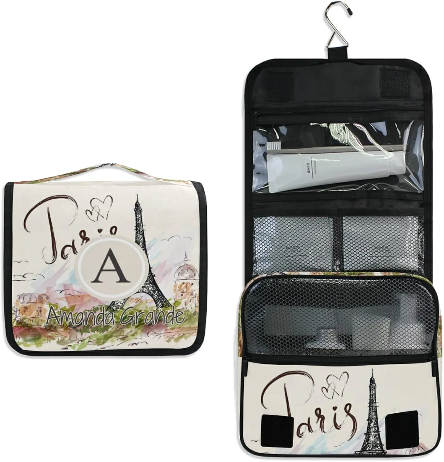 Custom Paris Travel Hanging Toiletry Bag Personalized Makeup Large Customized Cosmetic Bag Makeup Organizer Waterproof for Women Men Girls Accessories