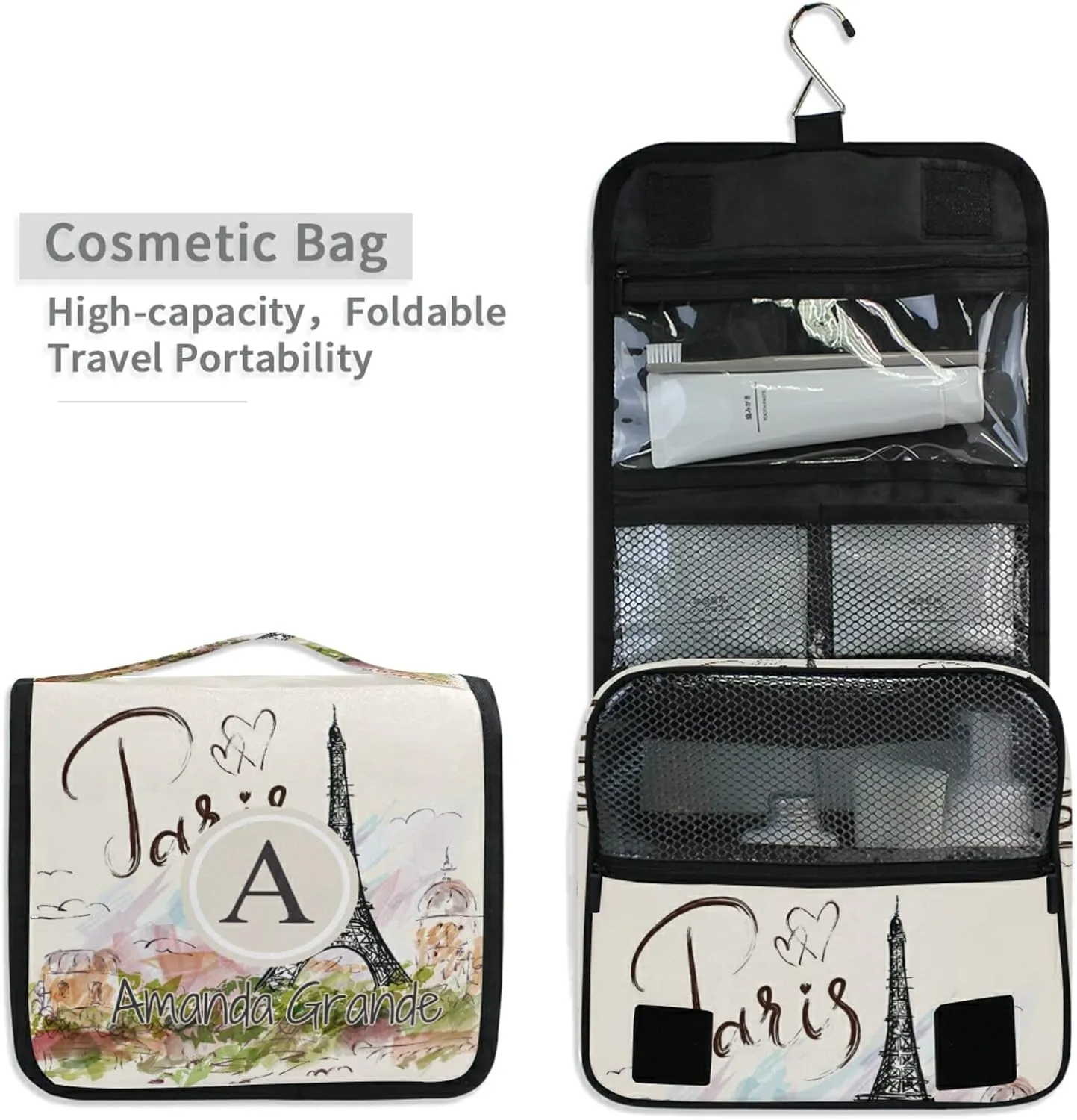 Custom Paris Travel Hanging Toiletry Bag Personalized Makeup Large Customized Cosmetic Bag Makeup Organizer Waterproof for Women Men Girls Accessories