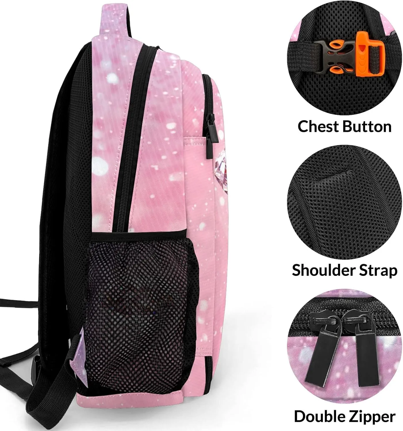 Custom Pink Diamond Backpack Custom Name Large Capacity Shoulder Bags for Sports Party