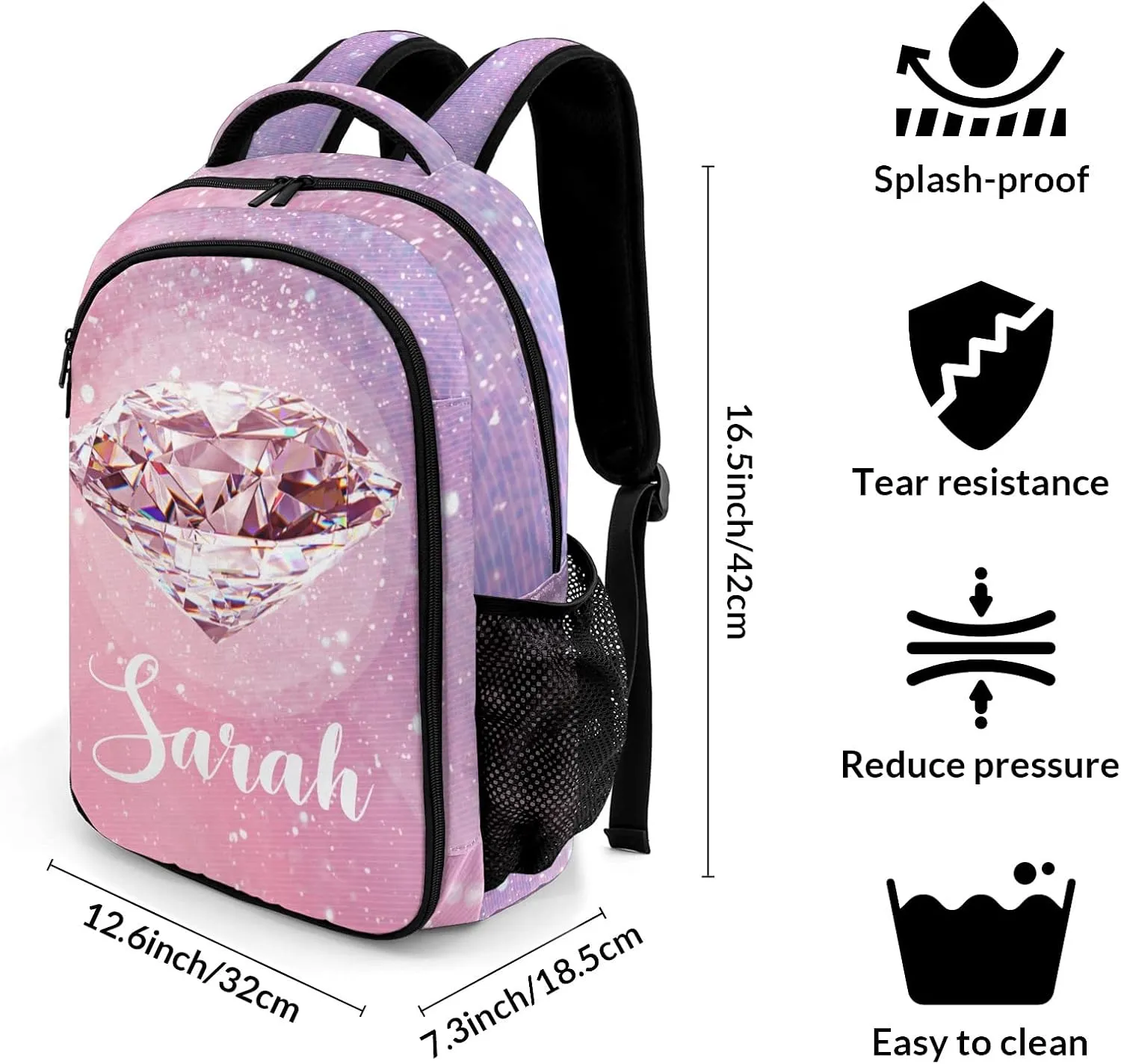 Custom Pink Diamond Backpack Custom Name Large Capacity Shoulder Bags for Sports Party