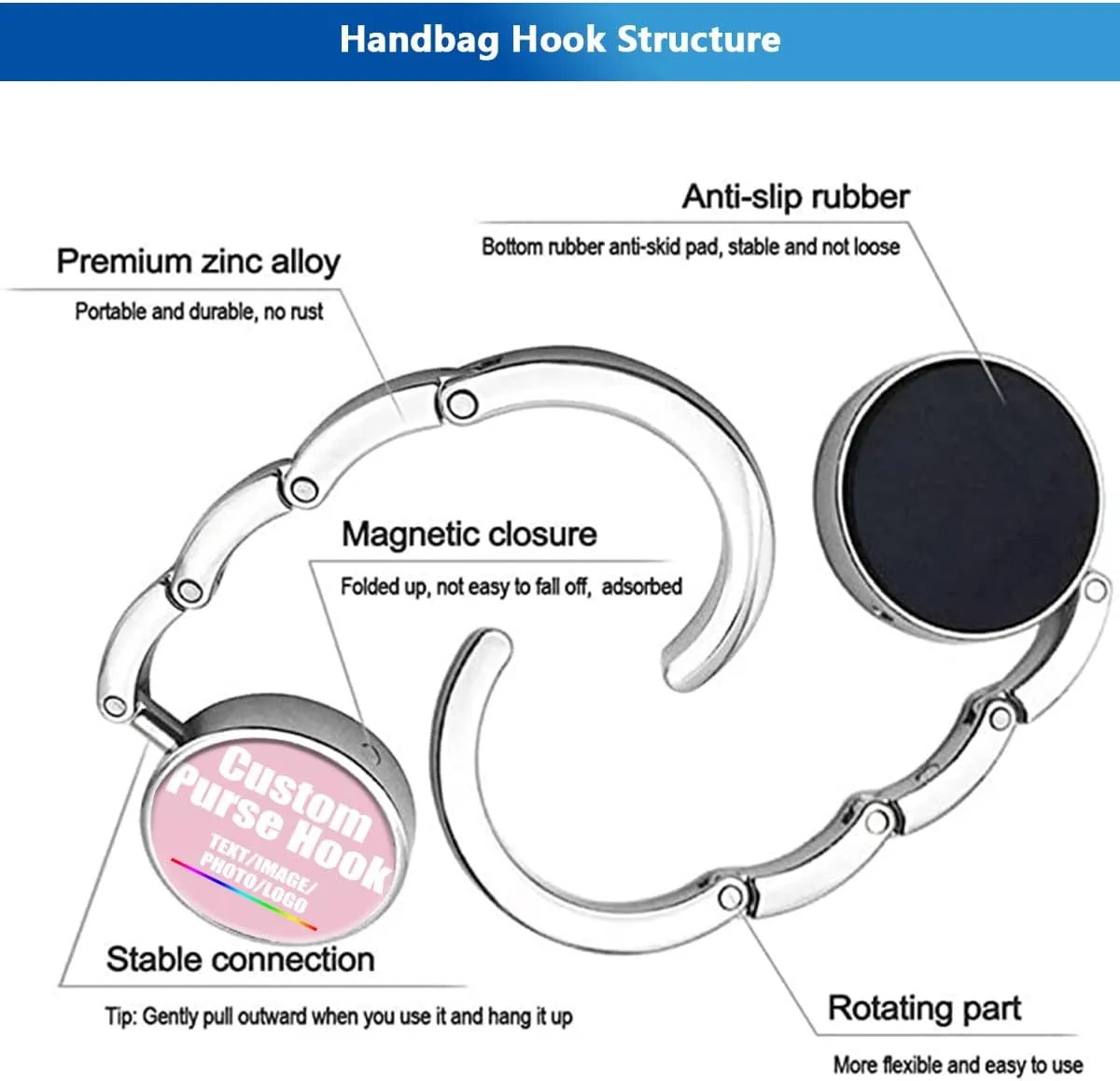 Custom Portable Handbag Hanger Table Bar Purse Instant Swivel Top Hook, Women's Bag Handbag Hanger Holder, Convenient To Carry, Pink