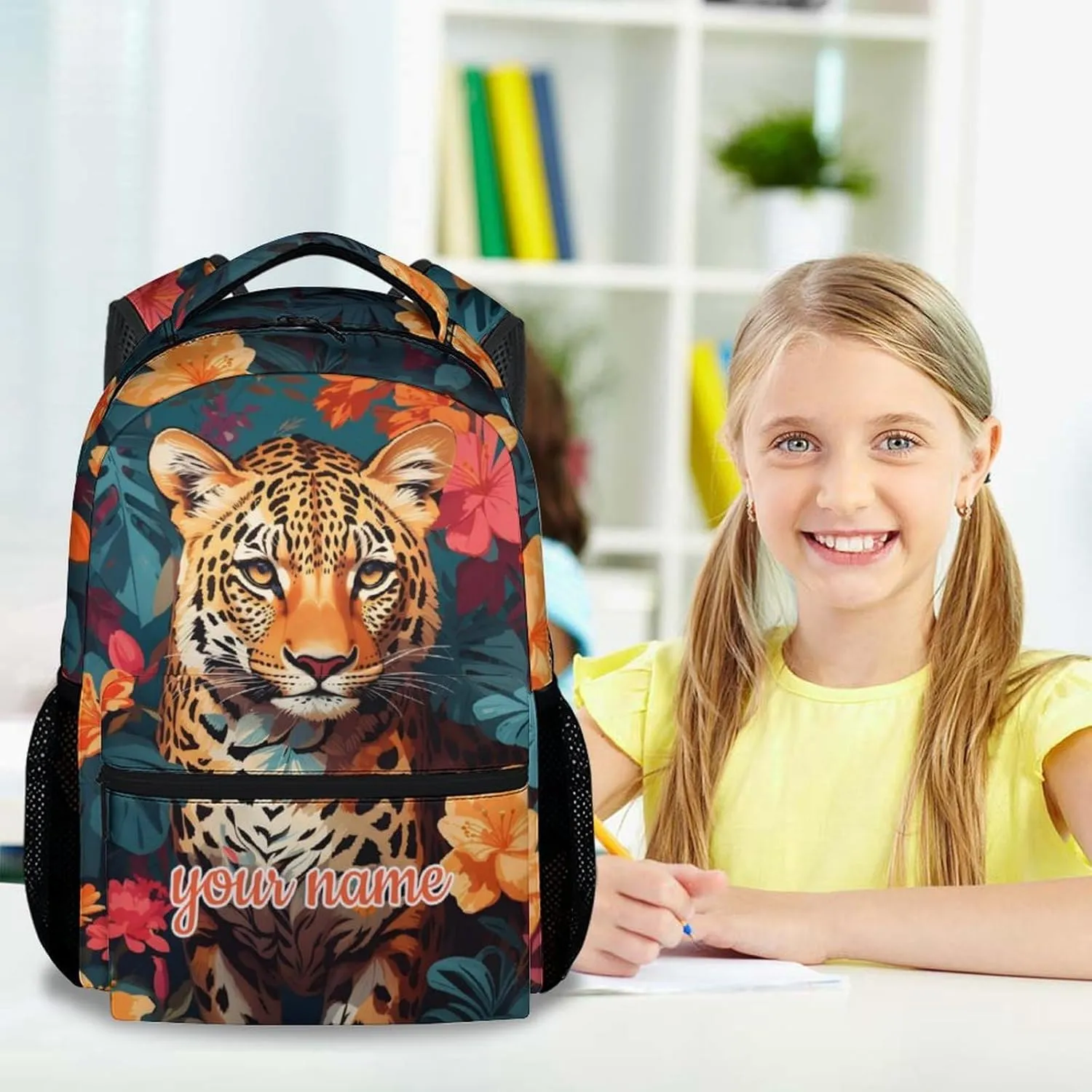 Custom School Backpack for Kids, 17 Inch Green Cheetah Backpacks for Girls, Aesthetic Portable Bookbag for Middle High School