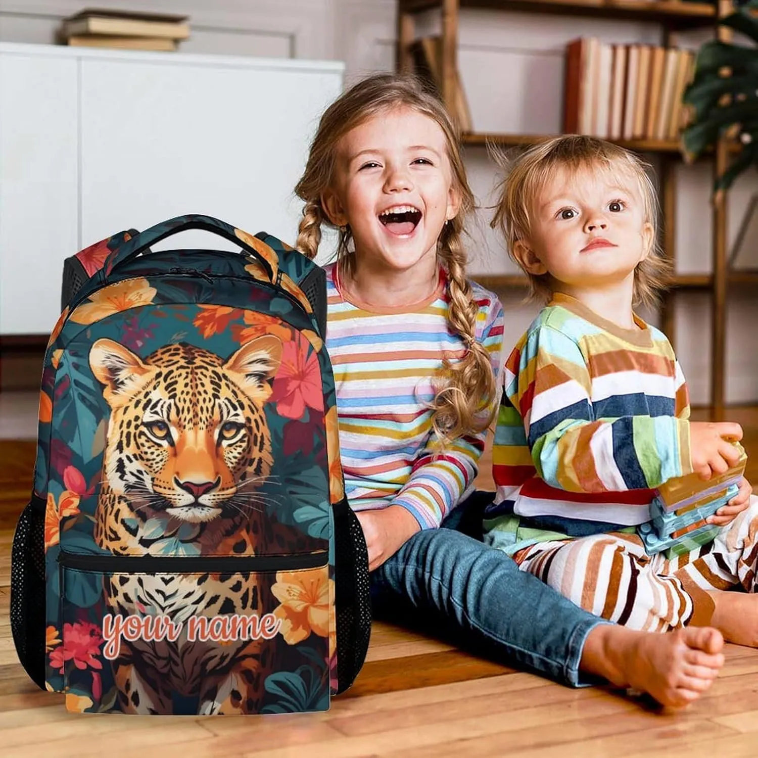 Custom School Backpack for Kids, 17 Inch Green Cheetah Backpacks for Girls, Aesthetic Portable Bookbag for Middle High School
