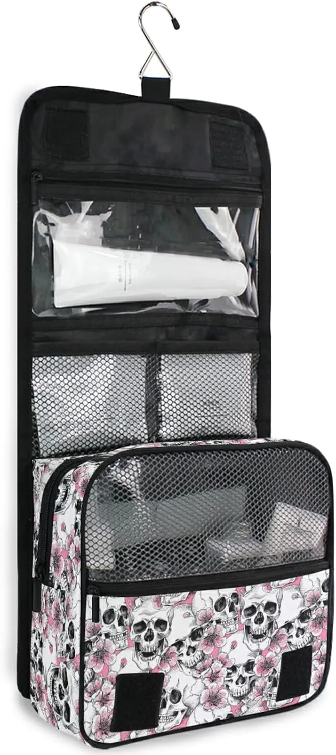 Custom Skull Flowers Travel Hanging Toiletry Bag Personalized Makeup Large Customized Cosmetic Bag Shower Bag Waterproof for Bathroom Full-Sized Shampoo Conditioner