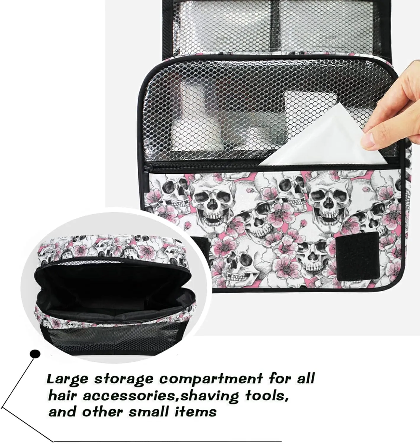 Custom Skull Flowers Travel Hanging Toiletry Bag Personalized Makeup Large Customized Cosmetic Bag Shower Bag Waterproof for Bathroom Full-Sized Shampoo Conditioner