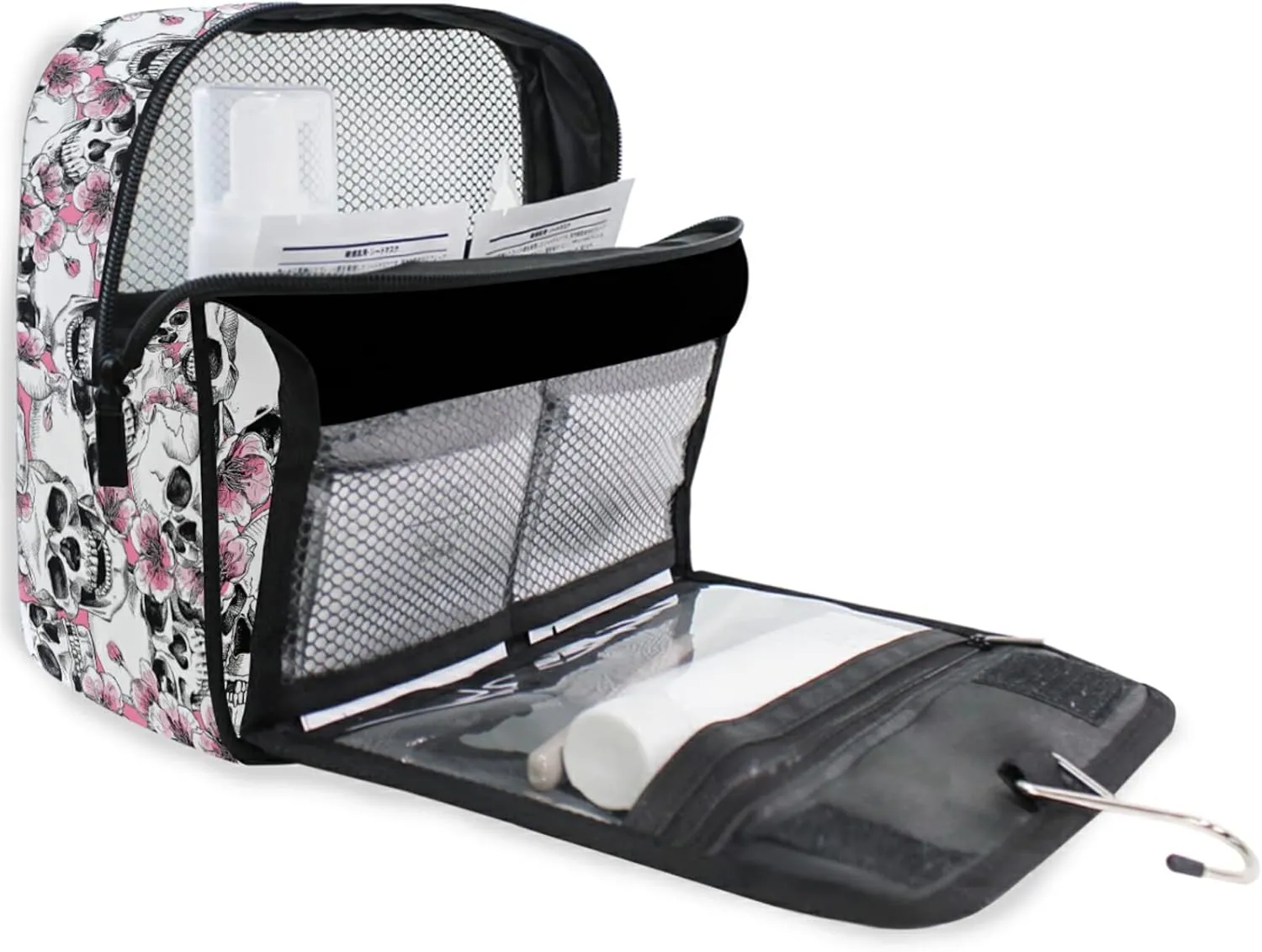 Custom Skull Flowers Travel Hanging Toiletry Bag Personalized Makeup Large Customized Cosmetic Bag Shower Bag Waterproof for Bathroom Full-Sized Shampoo Conditioner