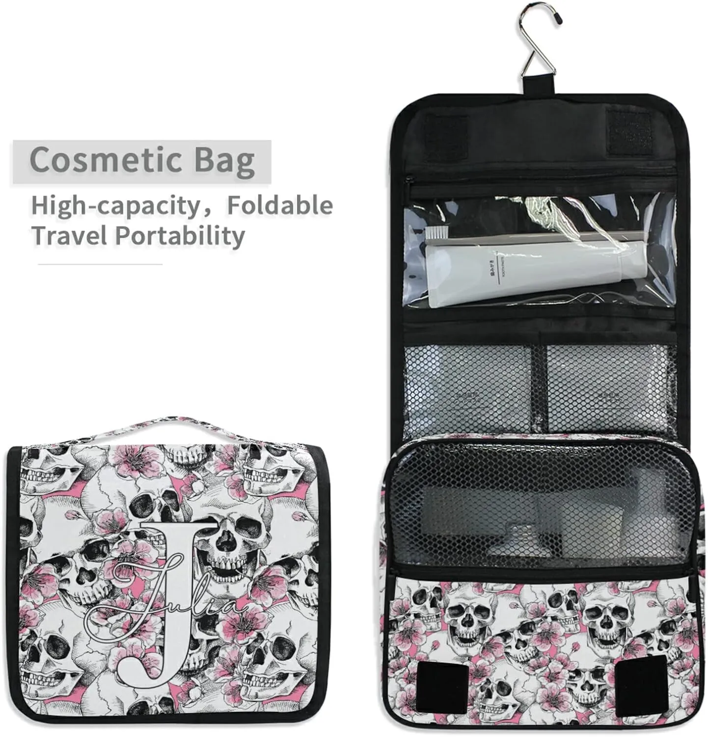 Custom Skull Flowers Travel Hanging Toiletry Bag Personalized Makeup Large Customized Cosmetic Bag Shower Bag Waterproof for Bathroom Full-Sized Shampoo Conditioner