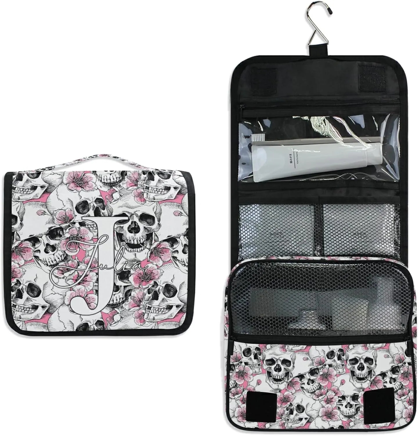 Custom Skull Flowers Travel Hanging Toiletry Bag Personalized Makeup Large Customized Cosmetic Bag Shower Bag Waterproof for Bathroom Full-Sized Shampoo Conditioner