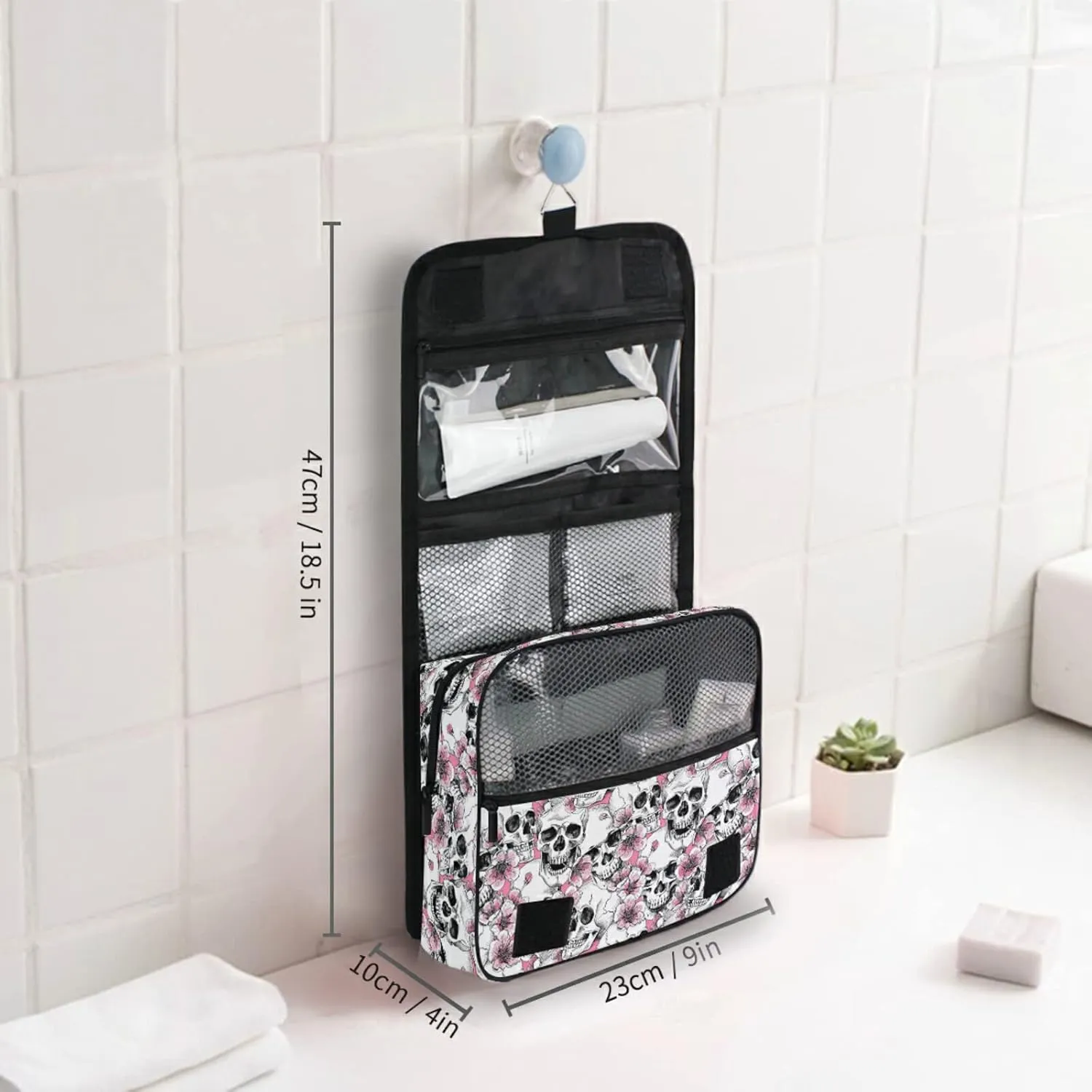 Custom Skull Flowers Travel Hanging Toiletry Bag Personalized Makeup Large Customized Cosmetic Bag Shower Bag Waterproof for Bathroom Full-Sized Shampoo Conditioner