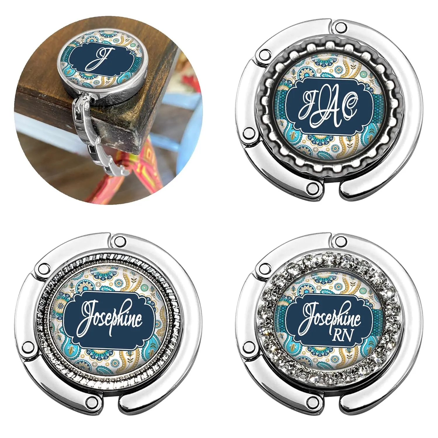 Custom Teal Paisley Foldable Purse Hook - Women's Bag Hanger for Table or Desk Personalized with Name, Monogram - Bridesmaid Wedding Favor Gift