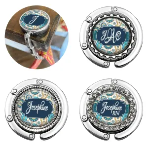 Custom Teal Paisley Foldable Purse Hook - Women's Bag Hanger for Table or Desk Personalized with Name, Monogram - Bridesmaid Wedding Favor Gift