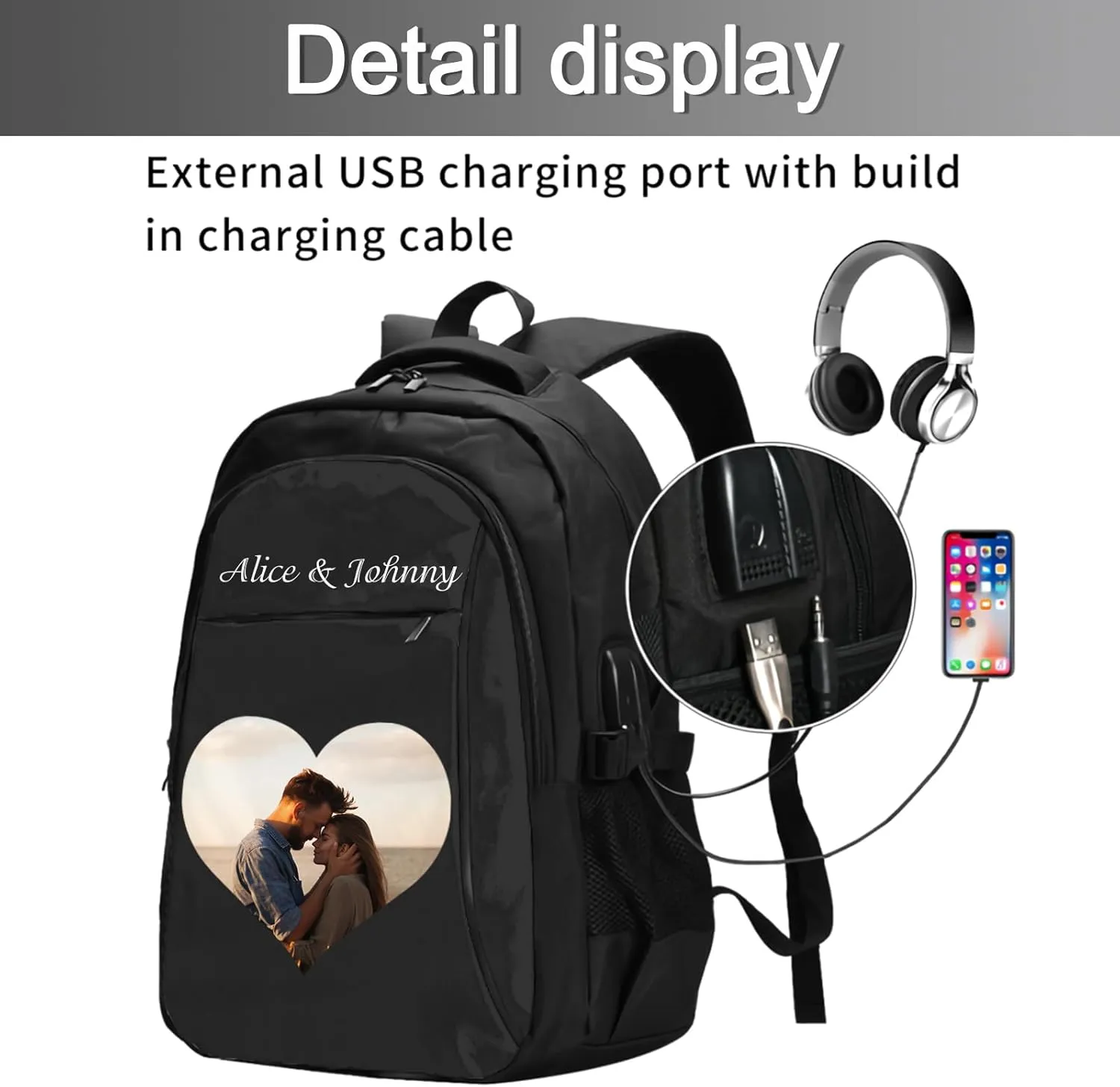 Custom Travel Laptop Backpack Personalized Name bags with Photo Customized Computer USB Bags for Women Men Initials