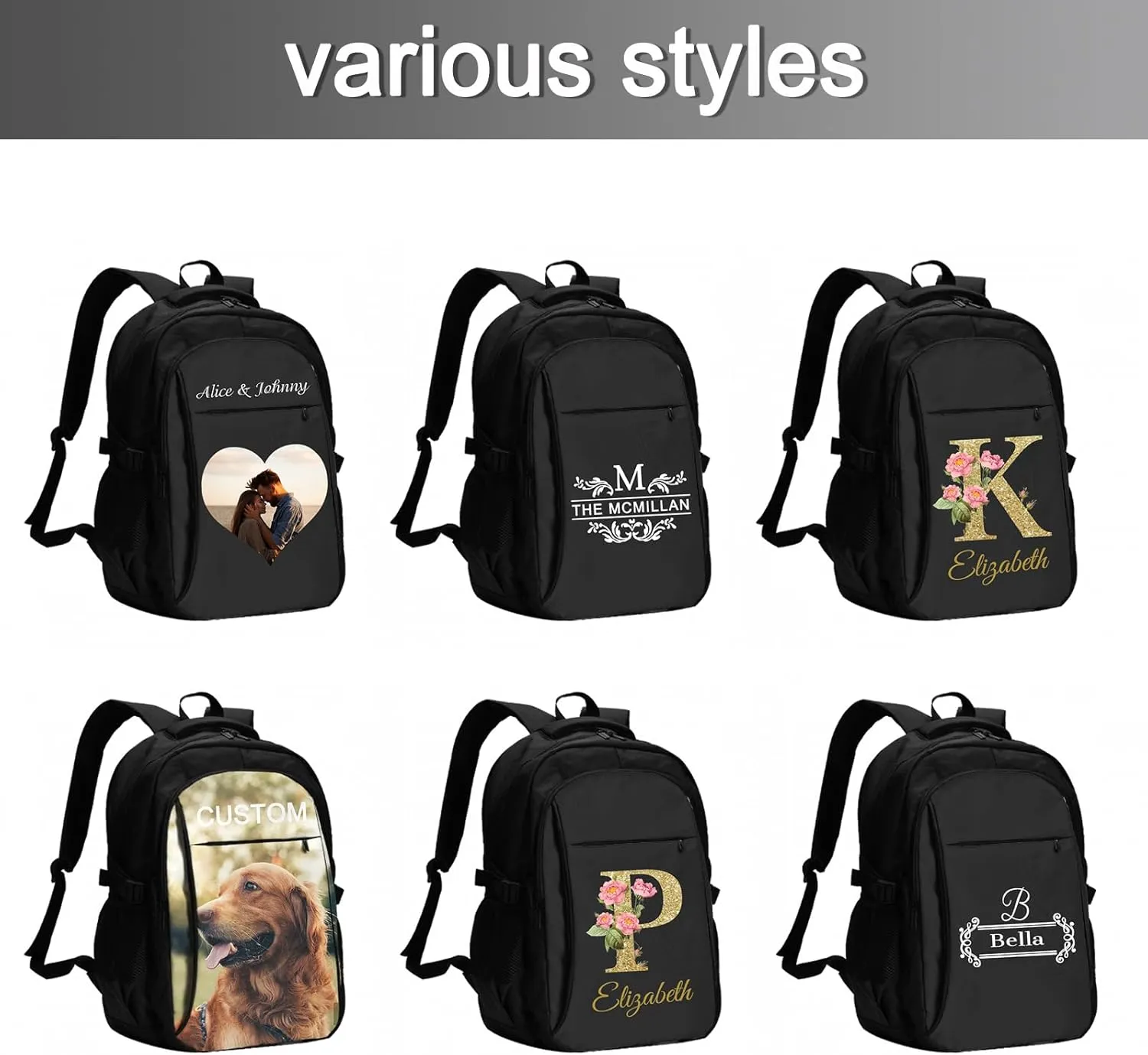 Custom Travel Laptop Backpack Personalized Name bags with Photo Customized Computer USB Bags for Women Men Initials