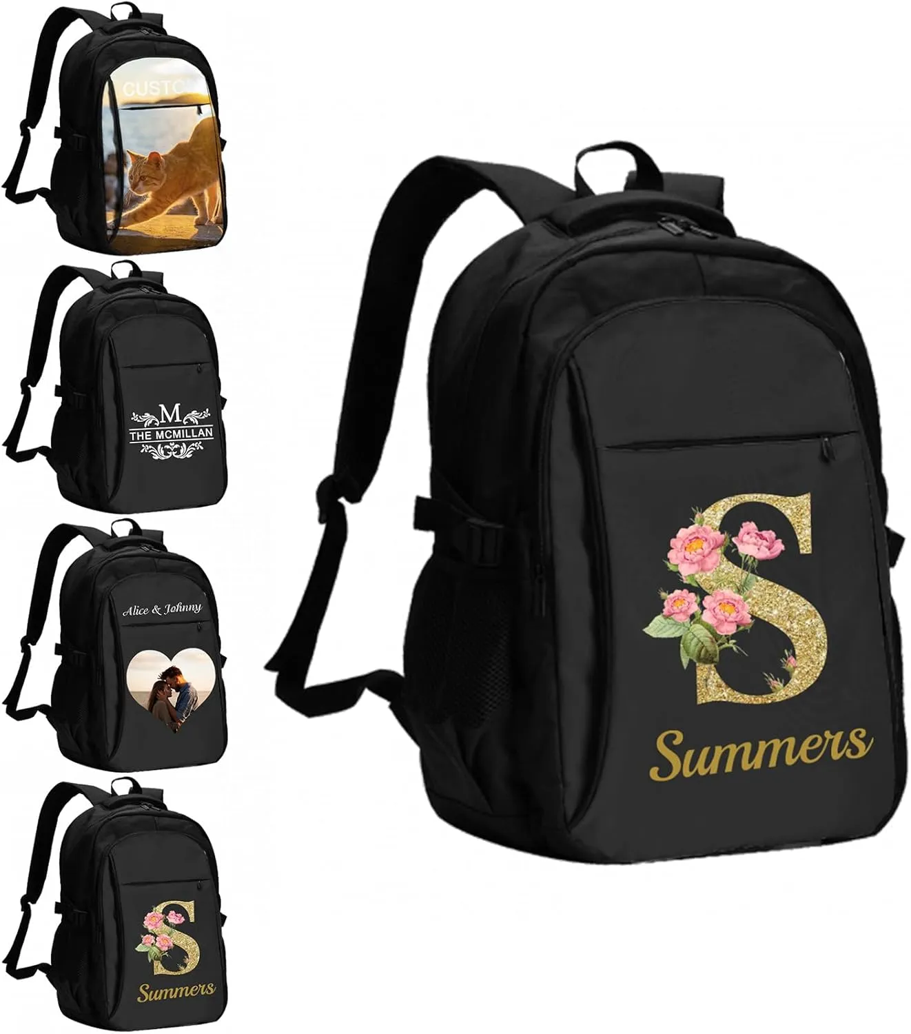 Custom Travel Laptop Backpack Personalized Name bags with Photo Customized Computer USB Bags for Women Men Initials