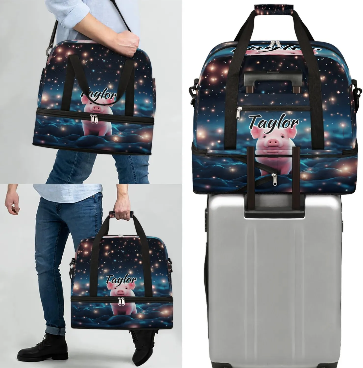 Customized Gym Bag for Women, Personalized Cartoon Pig Travel Duffel Bag with Name, Cute Pig Weekender Overnight Bag with Shoes Compartment for Men Travel Yoga