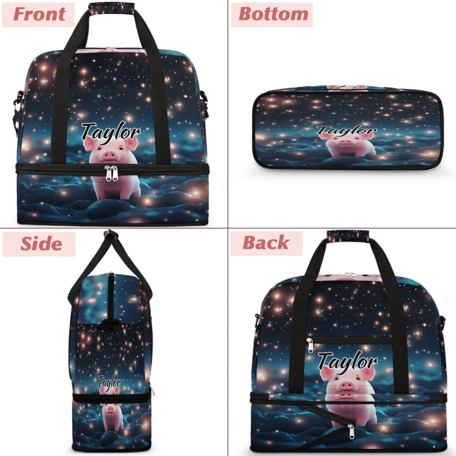 Customized Gym Bag for Women, Personalized Cartoon Pig Travel Duffel Bag with Name, Cute Pig Weekender Overnight Bag with Shoes Compartment for Men Travel Yoga