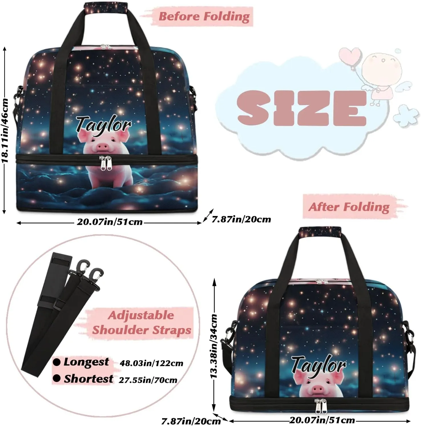 Customized Gym Bag for Women, Personalized Cartoon Pig Travel Duffel Bag with Name, Cute Pig Weekender Overnight Bag with Shoes Compartment for Men Travel Yoga
