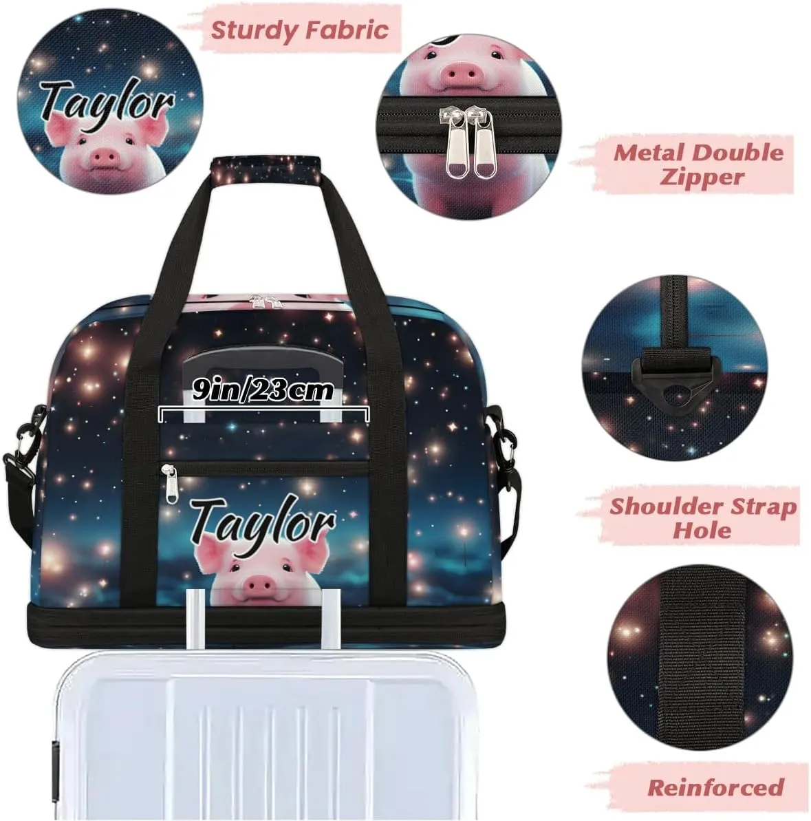 Customized Gym Bag for Women, Personalized Cartoon Pig Travel Duffel Bag with Name, Cute Pig Weekender Overnight Bag with Shoes Compartment for Men Travel Yoga