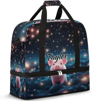 Customized Gym Bag for Women, Personalized Cartoon Pig Travel Duffel Bag with Name, Cute Pig Weekender Overnight Bag with Shoes Compartment for Men Travel Yoga